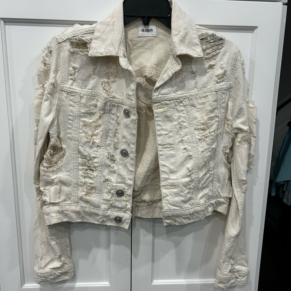 Hudson Garrison Distressed Cropped Denim Jacket Cream Linen Blend White Size xs - Picture 4 of 7